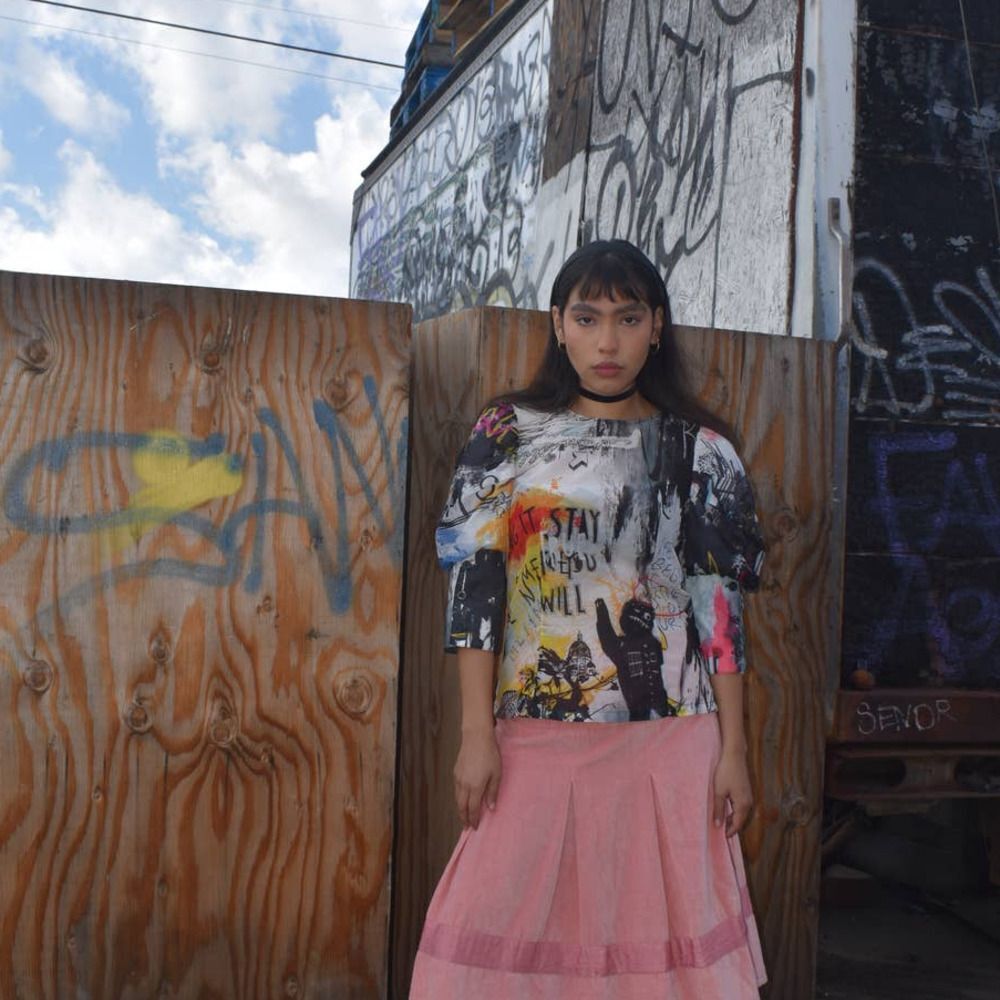 iROO Semi Sheer Puff Sleeve Graffiti Print Quarter Sleeve Top- 38